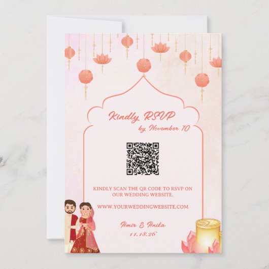 Peach Pink Lotus Lanterns Theme Wedding RSVP Einladung (Vorderseite)