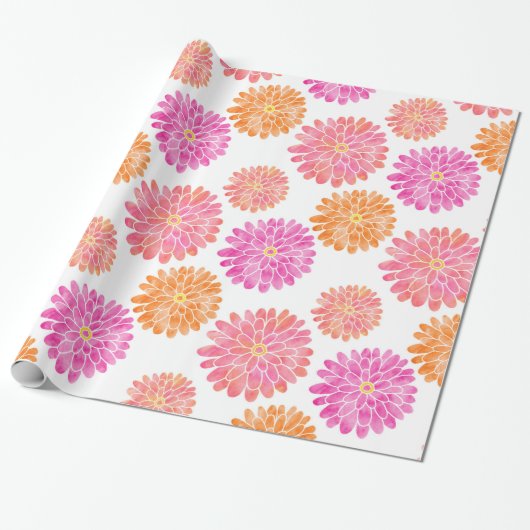 Peach Pink Orange Wasserfarbe Zinnia Muster Geschenkpapier (Ungerollt)