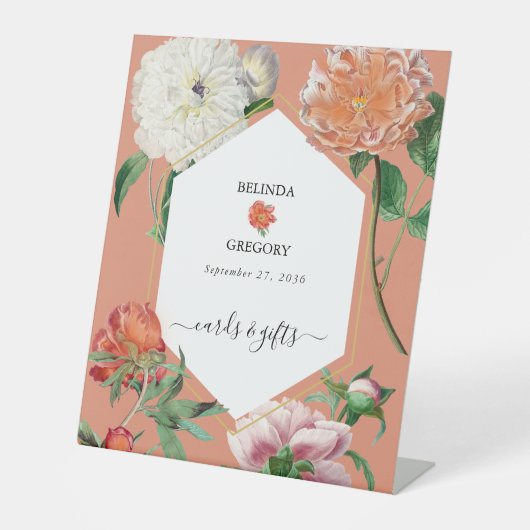 Peach Pink Peonies Blume Hochzeitskarten Geschenke Sockelschild (Vorderseite)