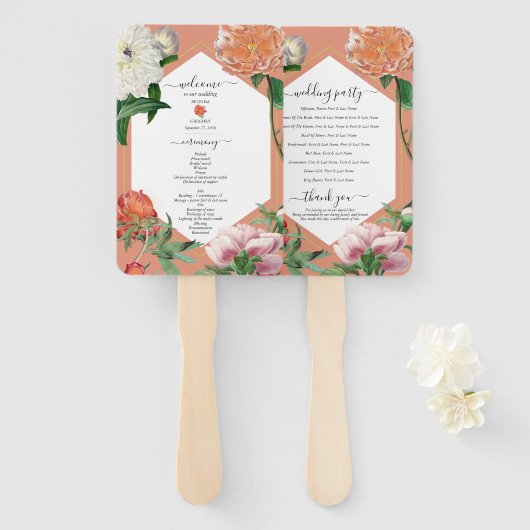 Peach Pink Peonies Blume Hochzeitsprogramm Fächer (Vorne und Hinten)