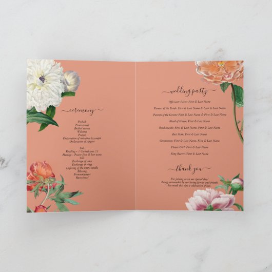 Peach Pink Peonies Wedding Order of Service Programm (Innenseite)
