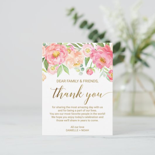 Peach & Pink Peony Blume Empfang Danke Karte (Stehend Vorderseite)