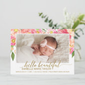 Peach & Pink Peony Blume Foto Geburtsankündigung Ankündigung (Stehend Vorderseite)