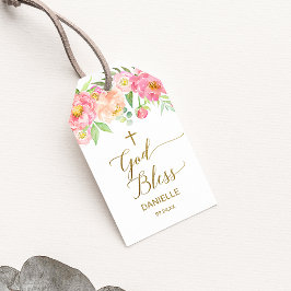 Peach & Pink Peony Blume Gott segne Taufe Gunst Geschenkanhänger