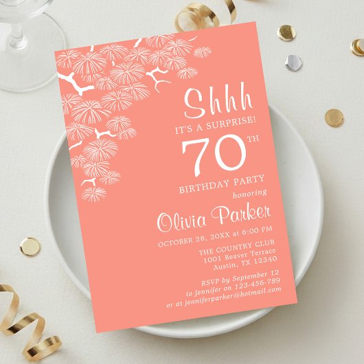 Peach Pink Pine Branch Surprise 70th Birthday Einladung