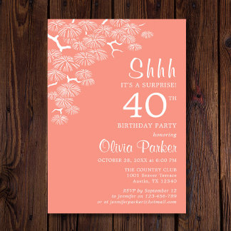 Peach Pink Pine Branch Überraschung 40. Geburtstag Einladung