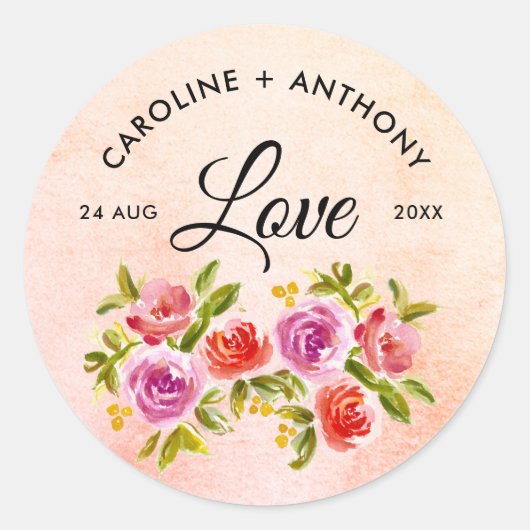 Peach Pink Red Watercolor Floral Wedding Runder Aufkleber (Vorderseite)