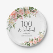 Peach Pink Rose Floral 100. Geburtstag Pappteller (Vorderseite)