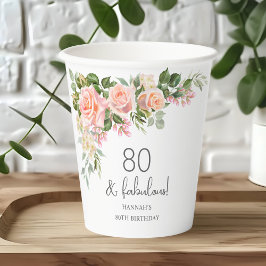 Peach Pink Rose Floral 80. Geburtstag Pappbecher