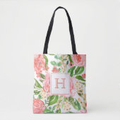 Peach Pink Rose Floral Aquarell Hübsch Monogramm Tasche (Vorderseite)