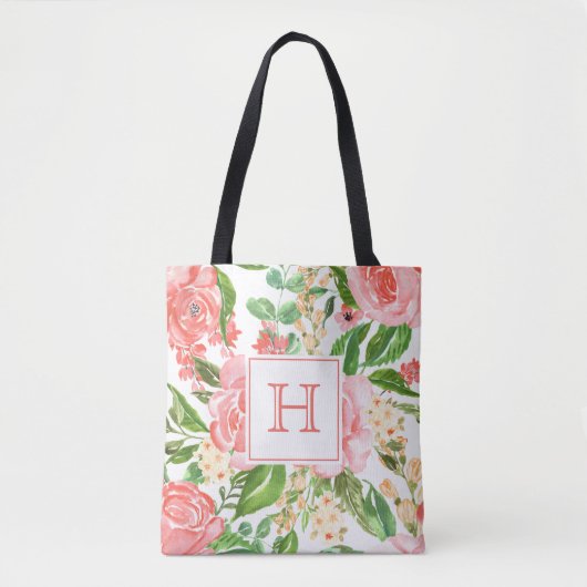 Peach Pink Rose Floral Aquarell Hübsch Monogramm Tasche (Vorderseite)