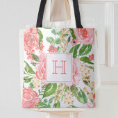 Peach Pink Rose Floral Aquarell Hübsch Monogramm Tasche
