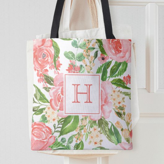 Peach Pink Rose Floral Aquarell Hübsch Monogramm Tasche