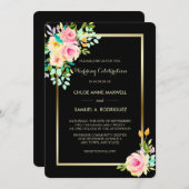 Peach Pink Roses on Black Wedding Einladung (Vorne/Hinten)