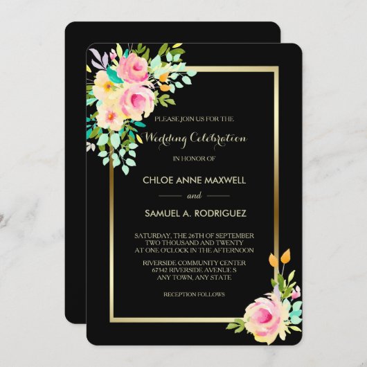 Peach Pink Roses on Black Wedding Einladung (Vorne/Hinten)