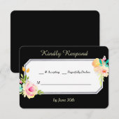 Peach Pink Roses on Black Wedding RSVP Karte (Vorne/Hinten)