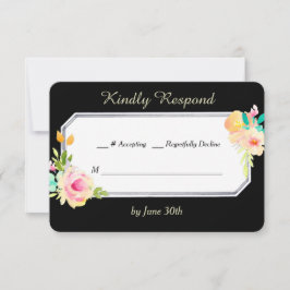 Peach Pink Roses on Black Wedding RSVP Karte