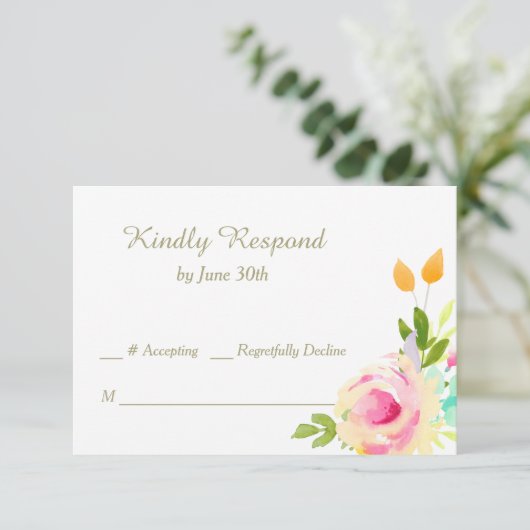 Peach Pink Roses on White Wedding RSVP (Stehend Vorderseite)