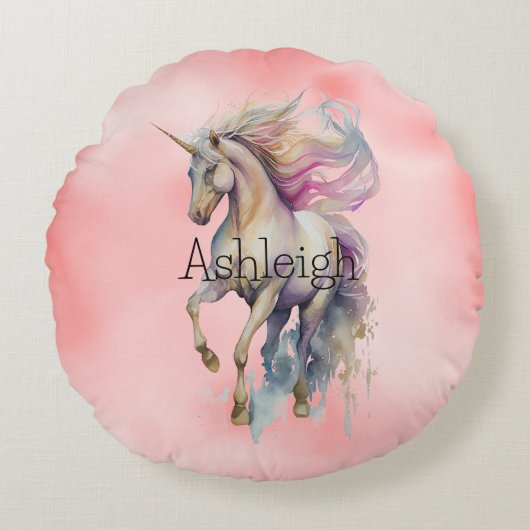 Peach Pink Unicorn Dream Rundes Kissen (Vorderseite)