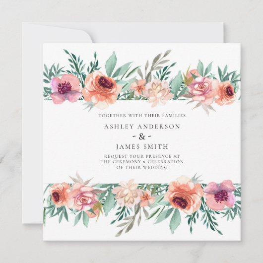 Peach & Pink Wasserfarbe Blume Moderne Hochzeit Einladung (Vorderseite)