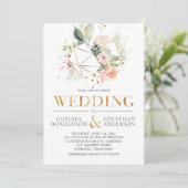 Peach Pink Watercolor Blumenterrasse Hochzeit Einladung (Stehend Vorderseite)