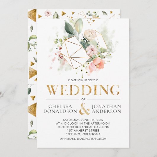 Peach Pink Watercolor Blumenterrasse Hochzeit Einladung (Vorne/Hinten)