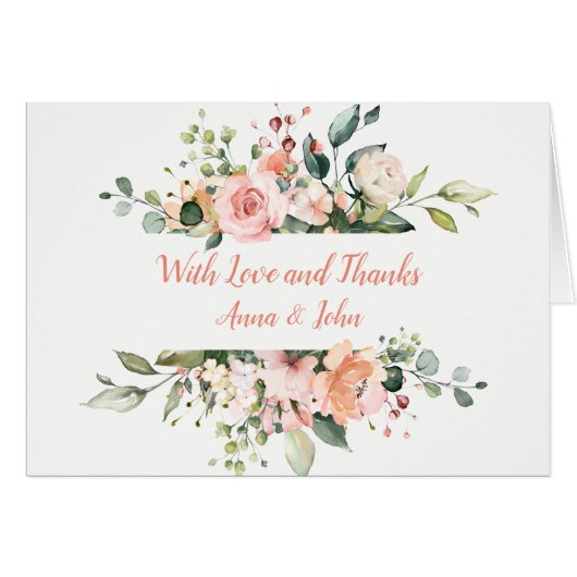 Peach Pink White Floral Frame Hochzeit Vielen Dank (Vorderseite (Horizontal))