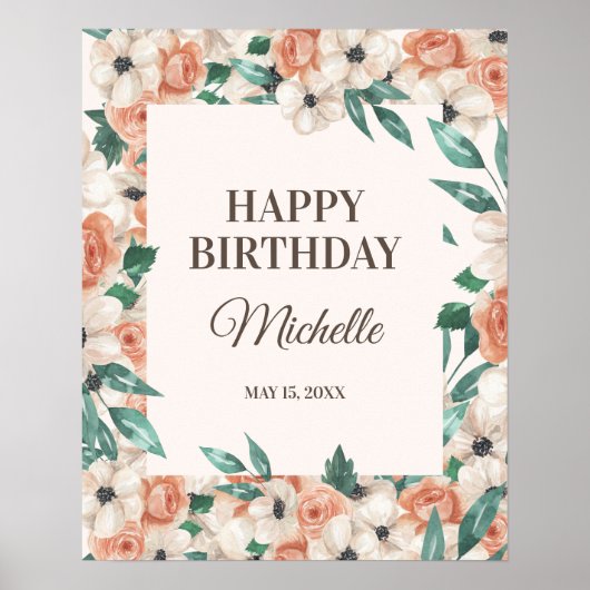 Peach Pink White Floral Happy Birthday Party Poster (Vorne)