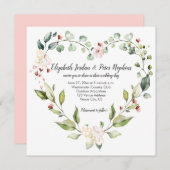 Peach Pink White Green Floral Herzkranz Hochzeit Einladung (Vorne/Hinten)
