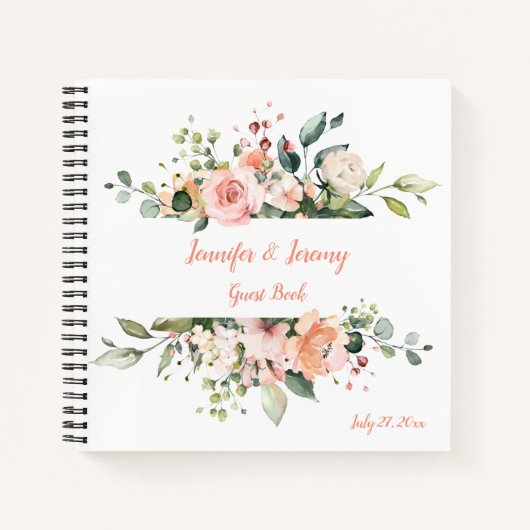 Peach Pink White Green Floral Wedbook Notizblock (Vorderseite)