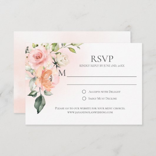 Peach Pink White Roses Green RSVP Cards (Vorne/Hinten)