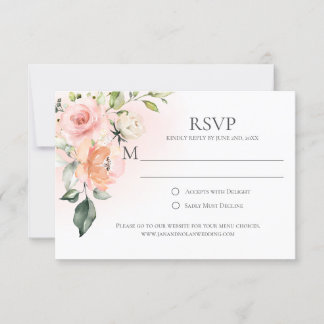 Peach Pink White Roses Green RSVP Cards Karte
