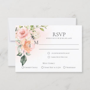 Peach Pink White Roses Menü Auswahl RSVP Karten