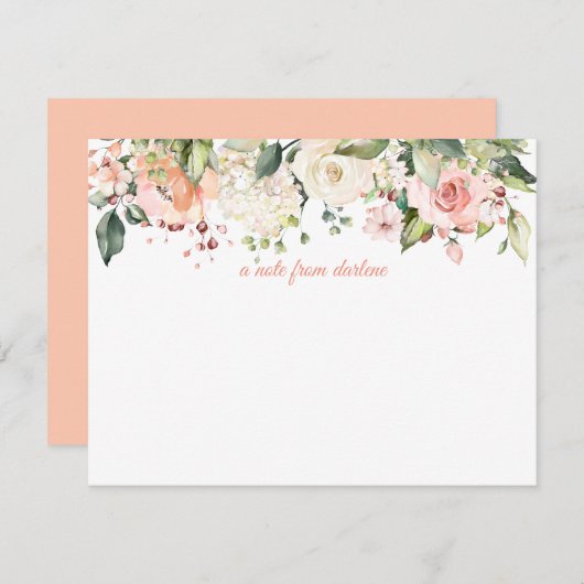 Peach Pink White Roses White Hydrangees Monogramm Mitteilungskarte (Vorne/Hinten)