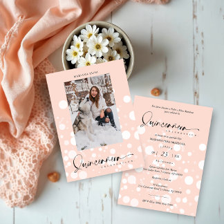Peach Polka Dot Custom Photo Quinceañera Einladung