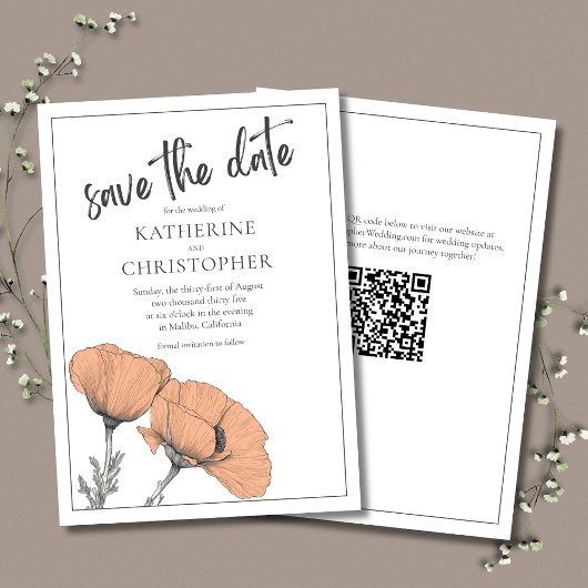 Peach Poppies Eleganter QR-Code für Blumenhochzeit Save The Date