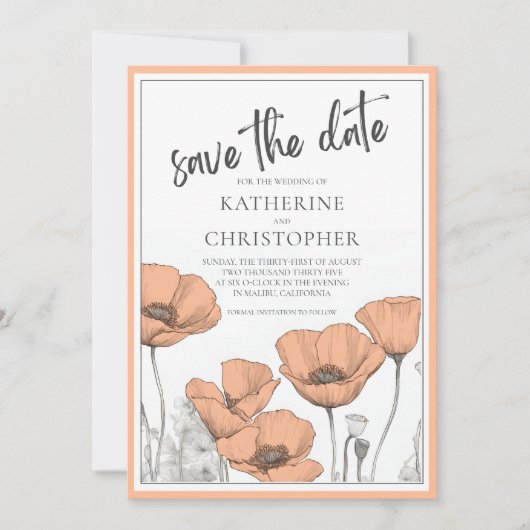 Peach Poppies Floral Moderne Elegante Hochzeit Save The Date (Vorderseite)