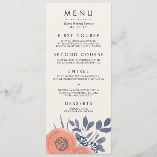 Peach Poppies Wedding Menu Menükarte (Vorderseite)