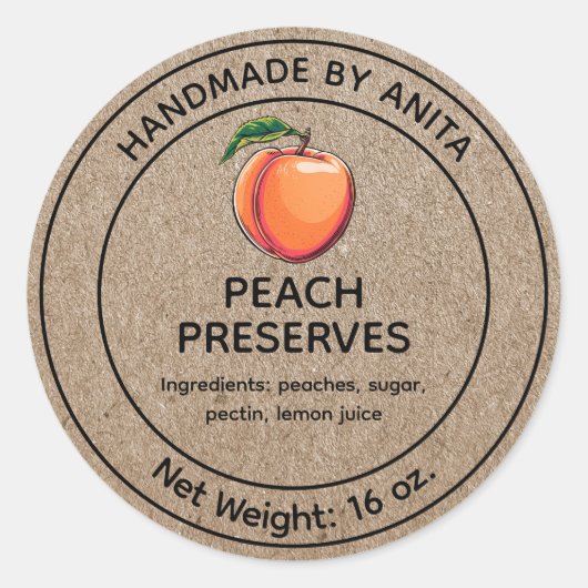 Peach Preserve Jelly Jam Jar Label Kraft Style Runder Aufkleber (Vorderseite)