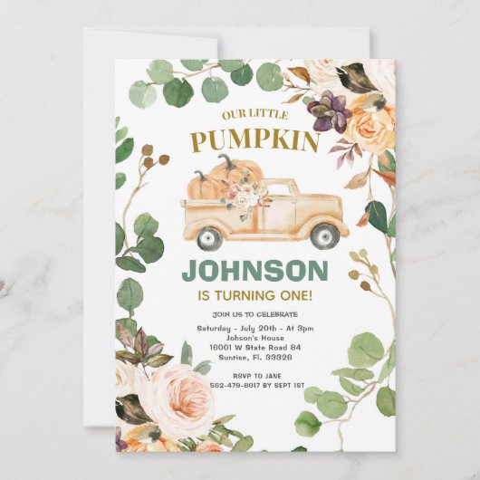 Peach Pumpkin Truck Party Herbst 1. Geburtstag Einladung (Vorderseite)