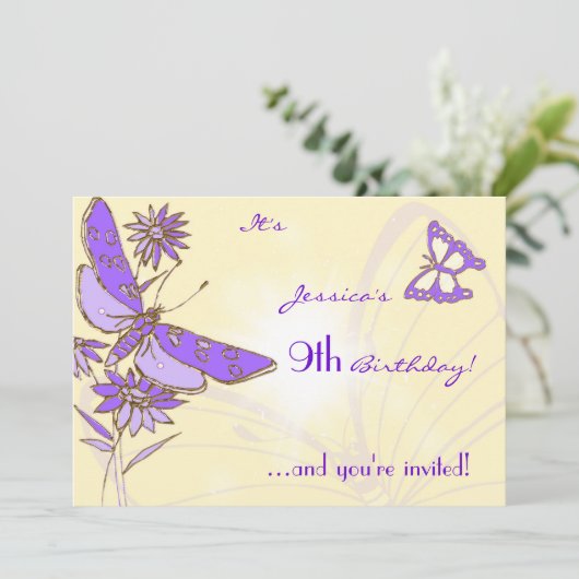 Peach Purple Butterfly Invitation Card Einladung (Stehend Vorderseite)