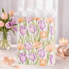 Peach Purple Tulip Pattern Elegant Spring Floral Mittlere Geschenktüte