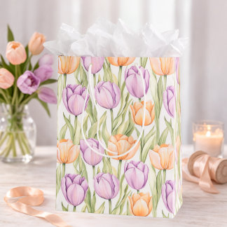 Peach Purple Tulip Pattern Elegant Spring Floral Mittlere Geschenktüte