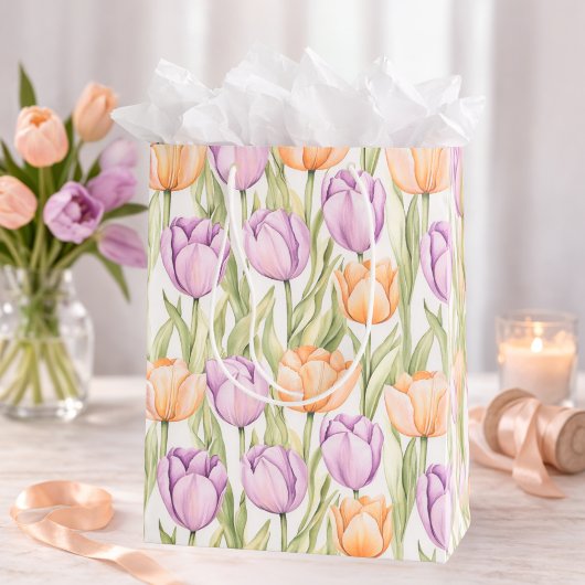Peach Purple Tulip Pattern Elegant Spring Floral Mittlere Geschenktüte
