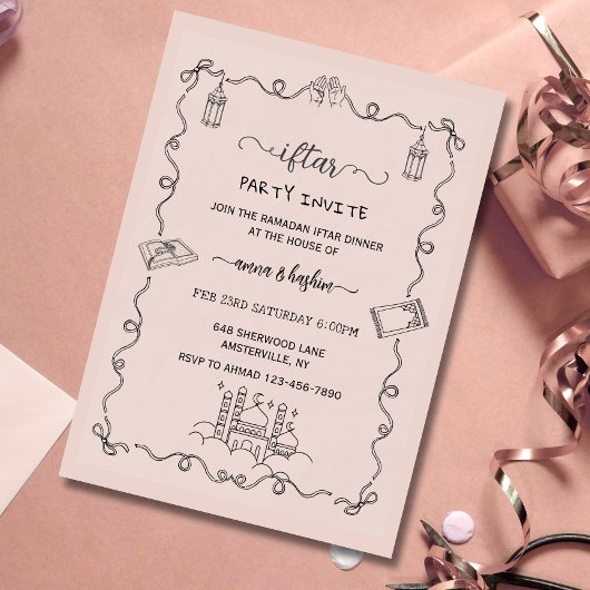 Peach Ramadan Bow doodle ramadan iftar invitation Einladung