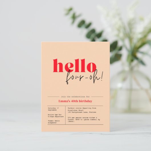 Peach & Red minimalistisch "Hallo, Vier-oh!" 40. Postkarte (Stehend Vorderseite)