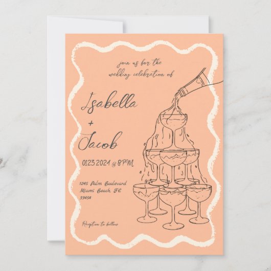 Peach Retro Champagner Tower Handgezeichnete Hochz Einladung (Vorderseite)