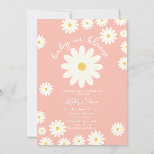 Peach Retro Groovy Daisy Baby in Bloom Dusche Einladung (Vorderseite)