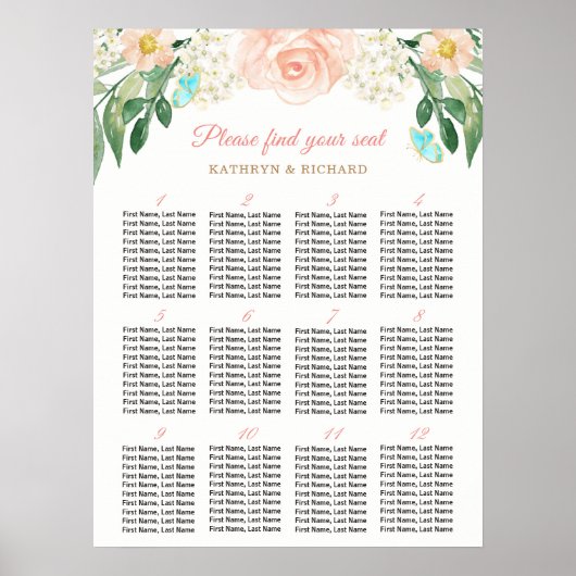 Peach Rose 12 Tables Wedding Seating Chart Poster (Vorne)
