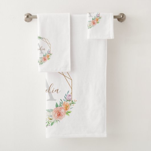 Peach-Rose Aquarellfarben-Floral-Monogramm Badhandtuch Set (Insitu)